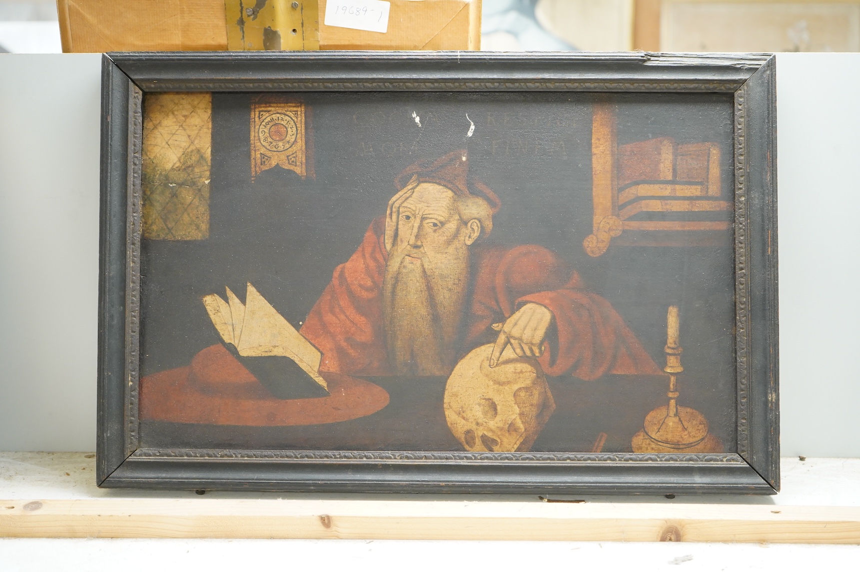After Joos Van Cleve (c.1480-1540), 'St Jerome in his study', memento mori, oil on panel, 28 x 46cm
